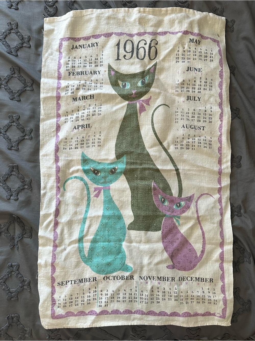 1966 Vintage Cat Calendar Tea Towel